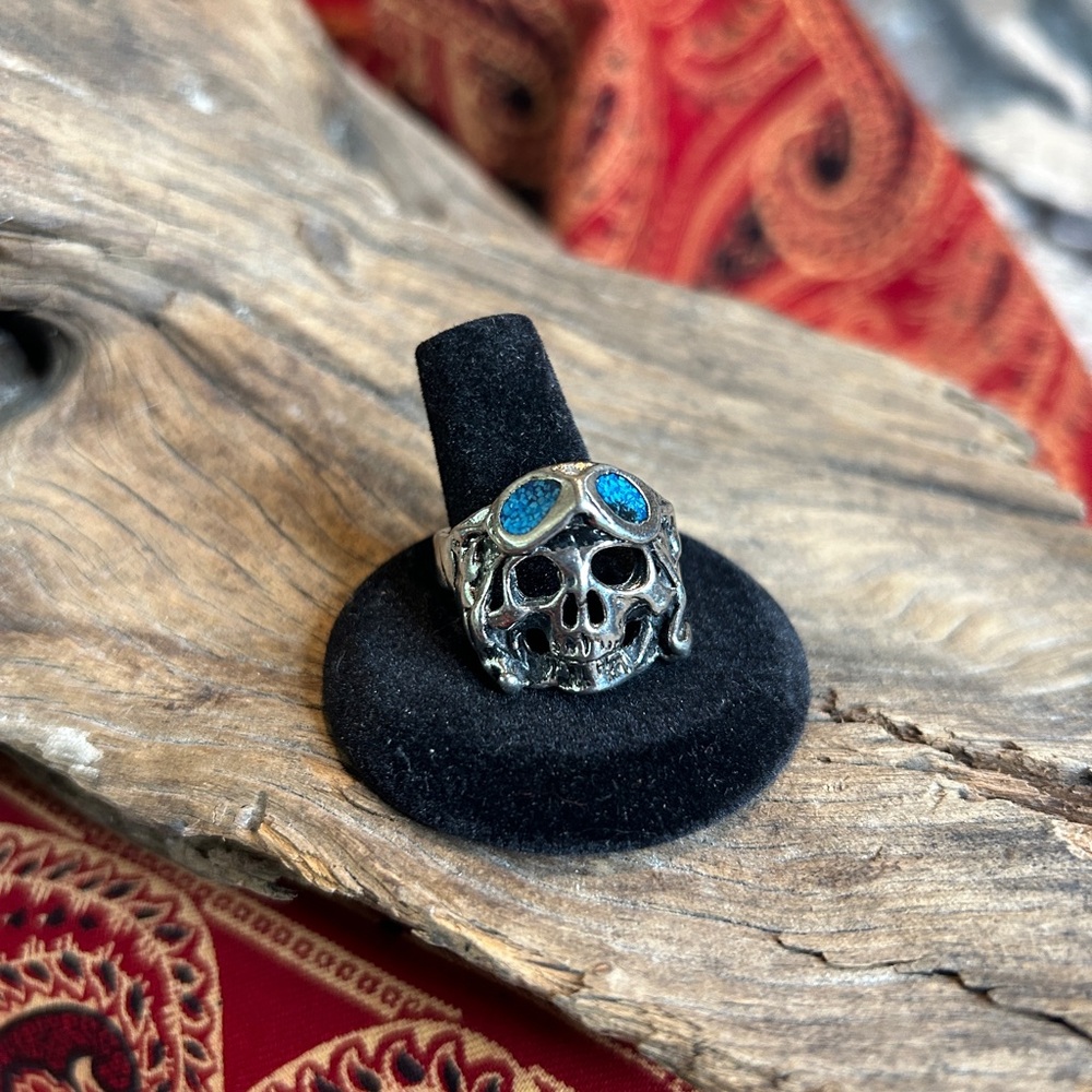 🍓VTG DEADSTOCK SILVER & TURQUOISE AVIATOR BIKER SKULL RING